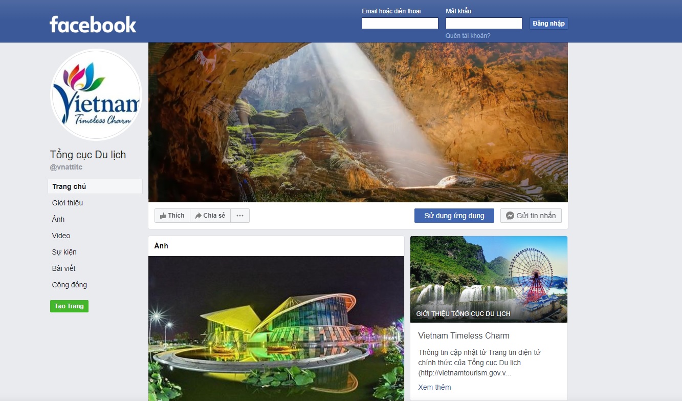 Trang thông tin điện tử chính thức của Tổng cục Du lịch trên nền tảng mạng xã hội Facebook